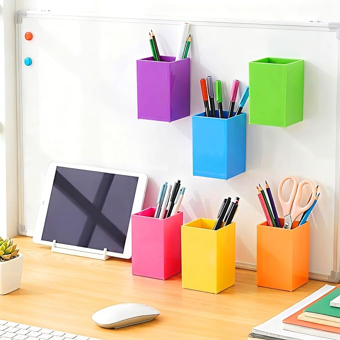 6 Pcs Classroom Magnetic Storage Boxes Magnetic Storage Containers Plastic Dry Erase Marker Holder Plastics Pen Holder for Refrigerator Whiteboard Home Office School Organizer Supply (Colorful)