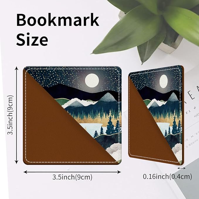Cute Leather Bookmarks, Fun Triangle Making Corner Bookmark, Book Accessories for Reading Book Lovers, Unbreakable Page Markers for Women Men Night Forest Mountain
