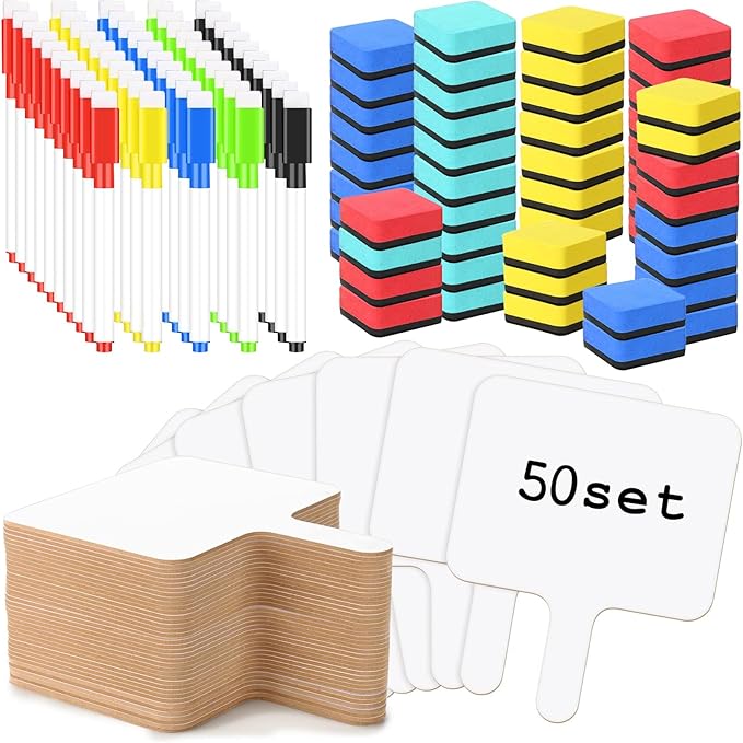 50 Pack Dry Erase Answer Paddles with Handle, 8 x 10 Inch Wooden Double-Sided Handheld Whiteboards Reusable Writing Boards with 50 Markers & 50 Erasers for Classroom Teaching & Auction Paddles Bidding