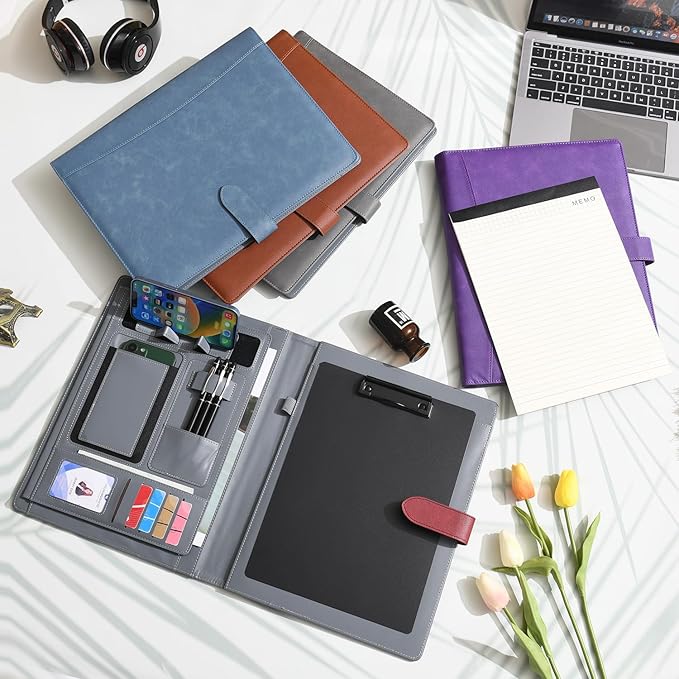 Wason Portfolio Padfolio A4 Leather PU Folder File Document Holder Case with Writing Pad Removable Clipboard Card Stationary Case Phone Tablet Stand for Organizer Office Travel School (Grey)