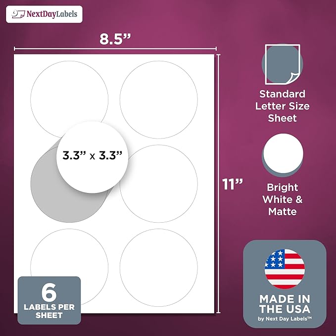 NextDayLabels 3.33 Inch Round Circle Stickers White Blank Labels for Laser Inkjet Printer - 6 Per Sheet Self-Adhesive Product Packaging Logo Made in USA - 1500 Labels