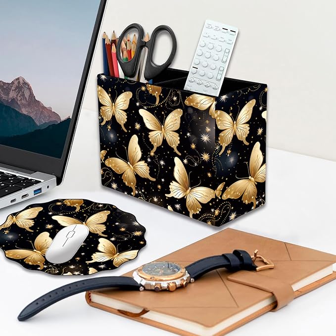 Pen Holder and Anti-Slip Mouse Pad Combination, Makeup Brush Storage Box, Tableware Storage Box, Suitable for Office and Home - Golden Butterfly