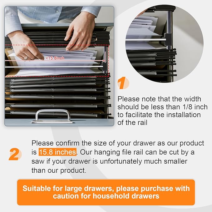 Epakh 36 Pcs Metal File Cabinet Rails Set Include 12 Cabinet Divider Rails 24 Hanging File Rail Clips for Hanging Folder Frame Bars Office Storage, Drawer Thickness Less Than 1/8 Inch(Aluminum)