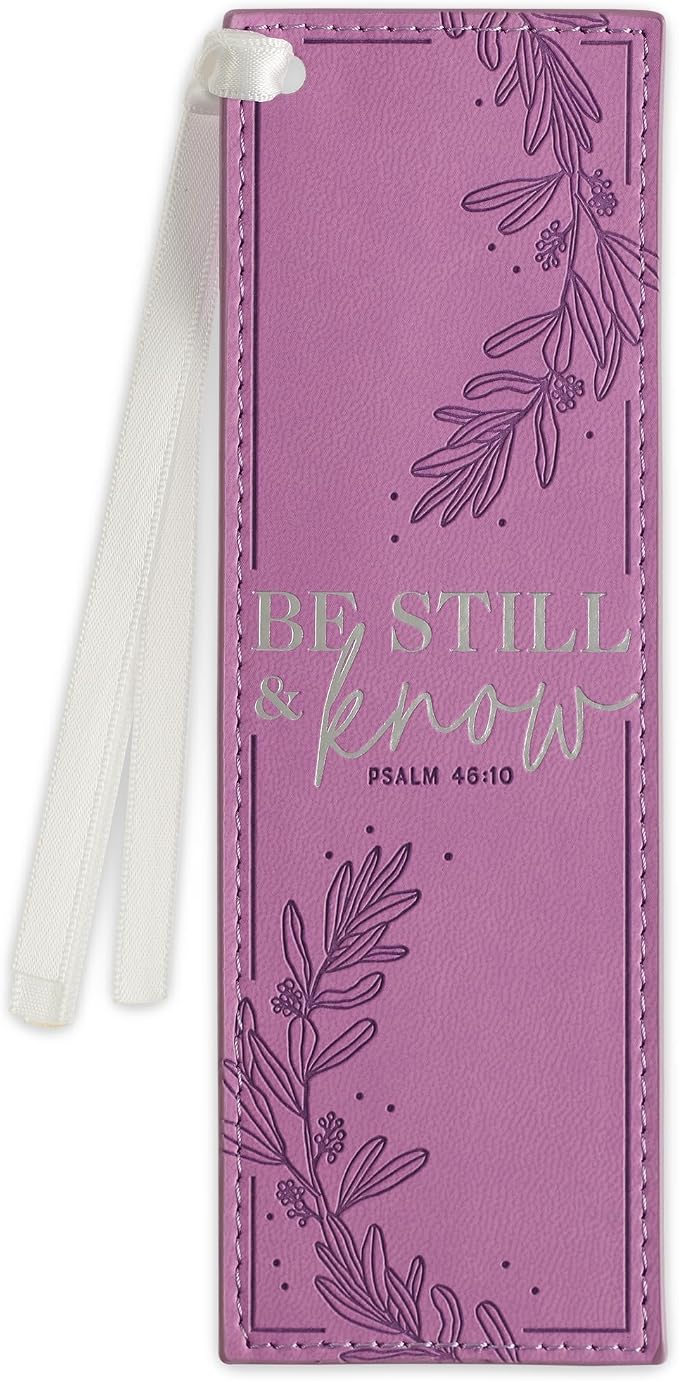 Christian Art Gifts Purple Faux Leather Purple Floral Bookmark for Women: Be Still and Know - Psalm 46:10 Inspirational Bible Verse, Heat-Debossed & Silver Foil Accents with Silky White Satin Ribbon