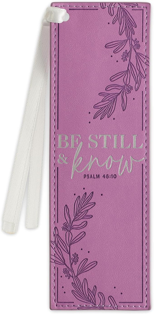 Christian Art Gifts Purple Faux Leather Purple Floral Bookmark for Women: Be Still and Know - Psalm 46:10 Inspirational Bible Verse, Heat-Debossed & Silver Foil Accents with Silky White Satin Ribbon