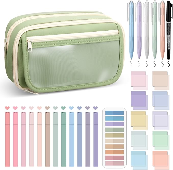 Jutom 39 Pcs Aesthetic Book Annotation Kit Highlighter with Pencil Case Bag Gel Pen Transparent Sticky Note Taking Bible Study College School Supplies (Green,Minimalist Style)