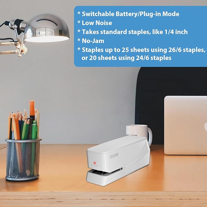 Coruscant Electric Stapler, Automatic Stapler, Heavy Duty，25 Sheet, Store 210 Staples，Includes 2000 Staples and 1 Staple Remover. Electric Desktop AC or Battery Powered for Home/Office Use