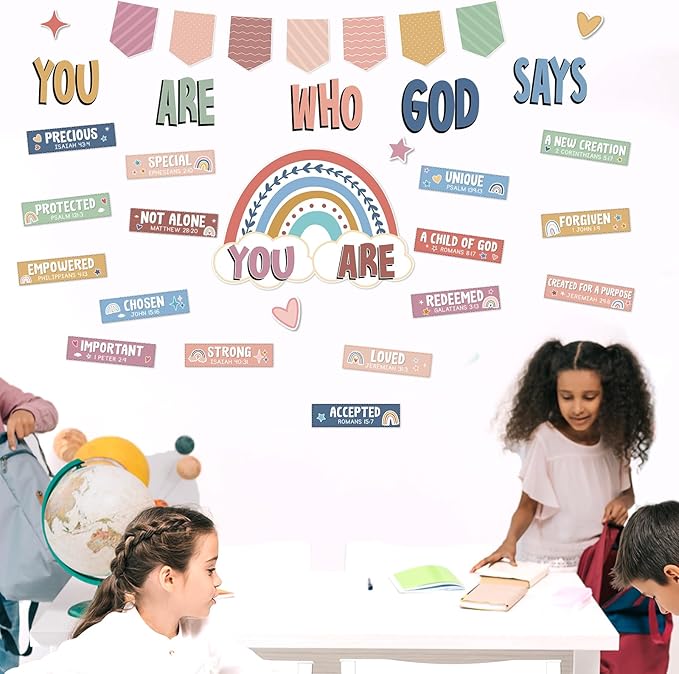Qyeahkj Boho Christian Bulletin Board Decorations Inspirational Bulletin Board Set Colorful Rainbow God Says You Are Cutouts Motivational Religious Classroom Wall Decor for School Home Church Supplies