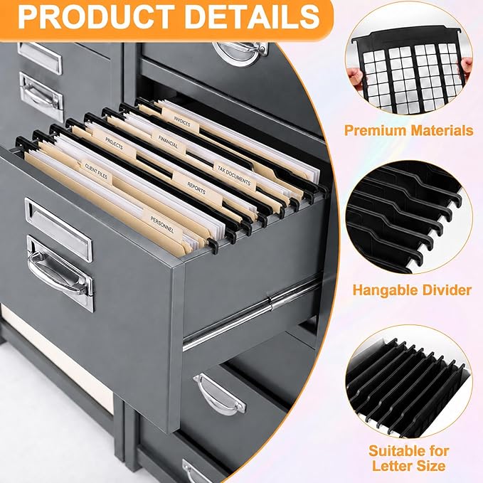 party greeting 8 Pack File and Folder Dividers 9x11.4 Inches Plastic Hanging Filing Cabinet Dividers Organizers Insertable File Separators Supplies for Office Drawer Organization (Black)