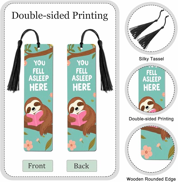 Funny Sloth Bookmarks 5 Pcs with Tassels Tree Branch Green Leaves Wooden Bookmarks for Reading Women Students Teacher Reader
