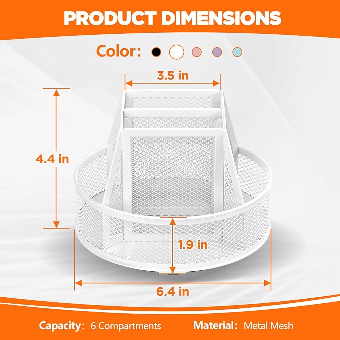 Docnest 360° Rotating Pen Holder,Heavy-Duty Metal Mesh Desk Organizer with 6 Compartments for Pencils,Scissors & Markers –Space Saving Office Supply for Teachers, Students & Home Desk-White
