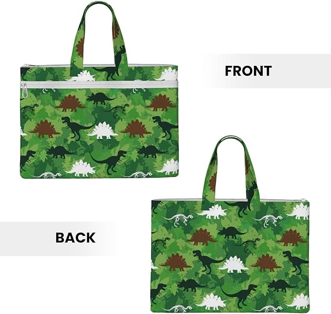 Canvas Zipper File Pouch with Handle, Green Dinosaurs Camouflage Foldable Waterproof Document Organizer for Books and Paper Storage