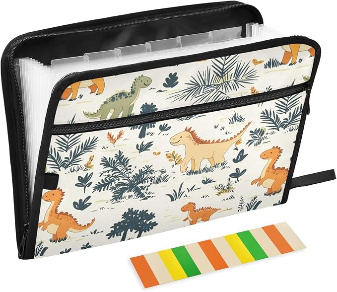 Forest Dinosaur Cute File Folders, Plastic Folders with 13 Pockets,Expandable File Folder for Documents School Students Office, Aesthetic Folder with Labels A4 Letter Size