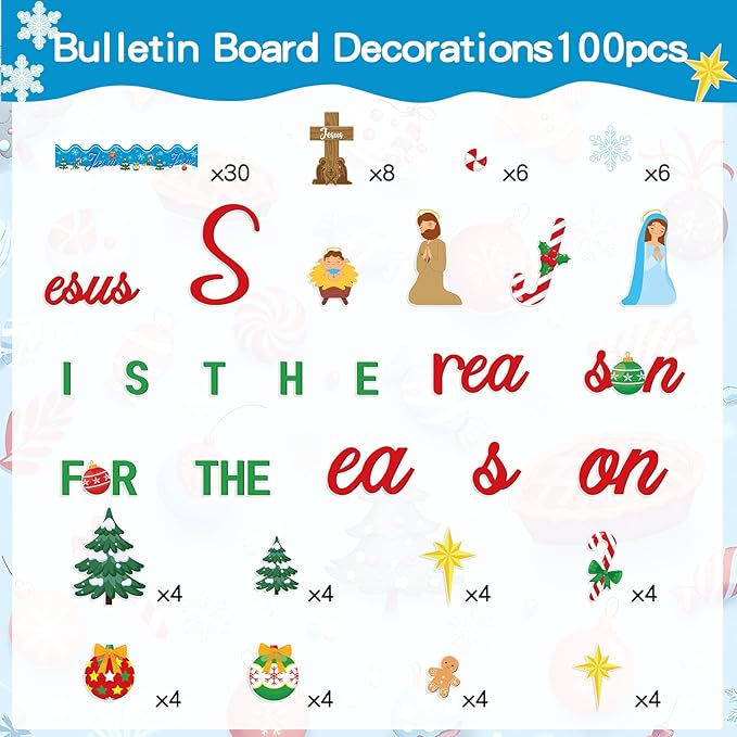113Pcs Jesus is The Reason for The Season Cutouts Bulletin Board Decoration Set Christmas Trees Cross Snow Nativity Christian Faith Religious Sunday Classroom Chalkboard Wall Winter Party Decor