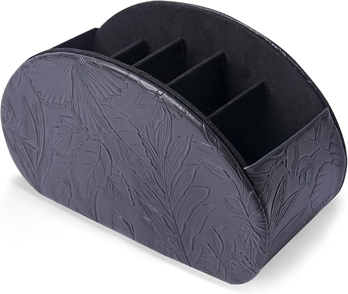 Remote Control Holder, PU Leather Remote Caddy Desktop Organizer with 5 Spacious Compartments for TV Remotes/Media Controllers/Office Supplies (1-Carved Black