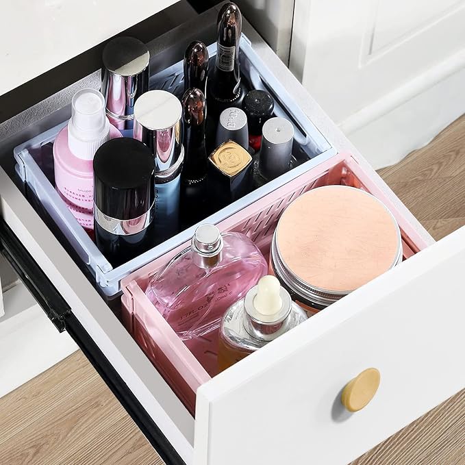 Plastic Storage Baskets for Desk Organizing, Office Drawer Organizer, 2 Medium+2 Small Durable Folding Storage Crate for Home Kitchen Classroom Office Bedroom and Bathroom Storage (White)
