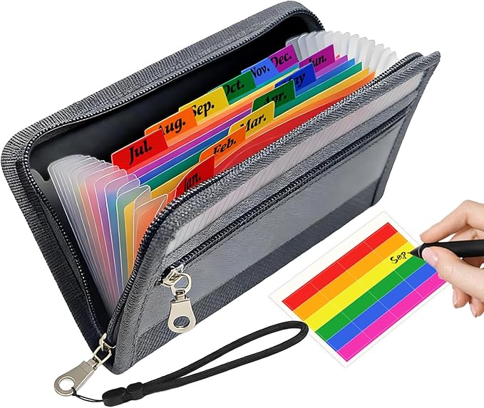 Portable Receipt Organizer & Coupon Holder, 12 Pockets Accordion Expanding File with Adjustable Wrist Strap, Zipper Closure Budget Organizer for Bills & Expense Tracking
