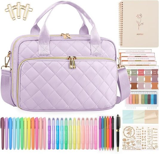 BellaHold All-in-One Bible Journaling Kit – Quilted Bible Cover Case for Women, 31 Highlighters, 75 Tabs, Bible Study Supplies & Christian Gift for Women and Teens (Shoulder Strap, Light Purple)