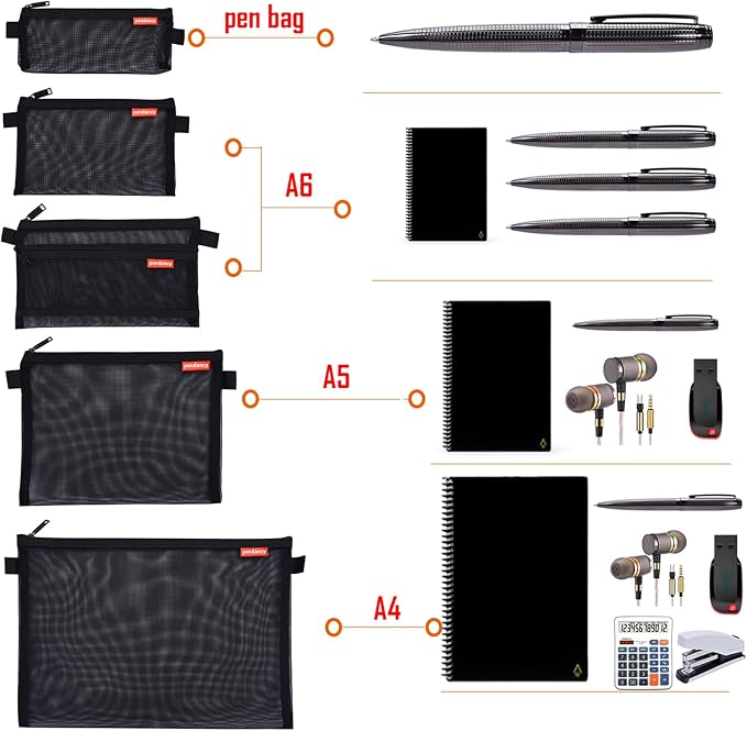 Pendancy Mesh Zipper Pouch 5pcs Lightweight Nylon File Folders Document Organizer Cosmetic Bags Accessories Storage for Travel and Office Supplies (Black, A4 A5 A6)