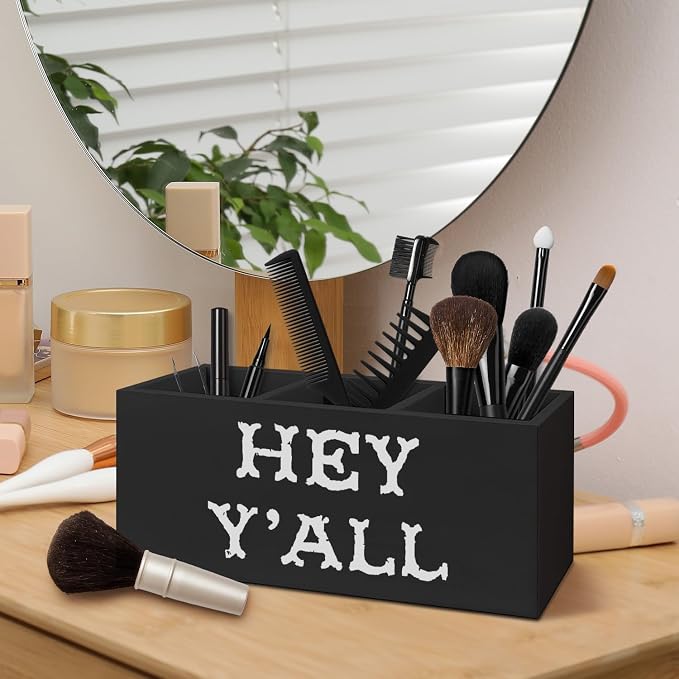 Western Office Decor Wooden Pen Pencil Holder for Desk Accessories, Western Gifts for Women Men, Retro Hey Y'all Wood Southwestern Makeup Brush Toothbrush Holder Organizer for Vanity Bathroom
