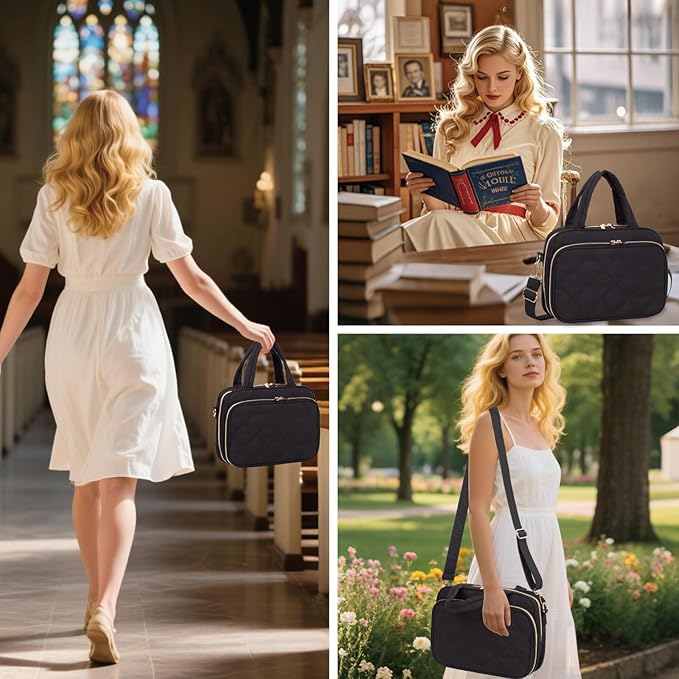 Large Bible Cover for Women,2 Compartments Bible Carrying Case With Handles Shoulder Strap, Soft Puffy Quilted Bible Bags With Book Cover Organizer, Bible Tote For Church Study Supplies Accessories