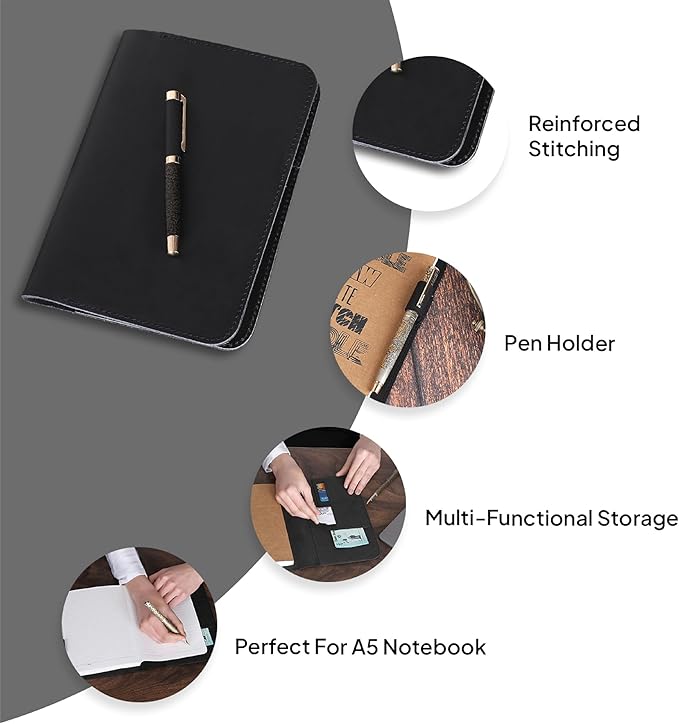 A5 Leather Journal Cover for 5.75" x 8.25" Notebook Refill – Genuine Leather Refillable Notebook Cover with Card Slots & Pen Holder, Personal Organizer for Men & Women, Travel Diary (Black)