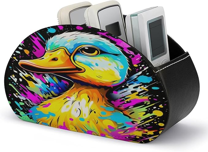 Graffiti Duck Remote Control Holder with 5 Compartment PU Leather Multi Functional Desk Storage for TV Remotes Office Supplies