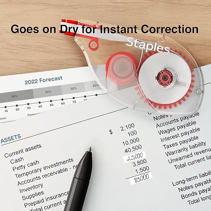 STAPLES Correction Tape, Easy Sidewinder Applicator for Instant Corrections, 10-Pack, White