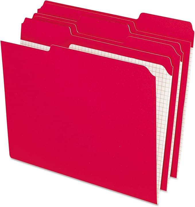 Pendaflex PFXR15213RED Color File Folders with Interior Grid, Letter Size, Red, 1/3 Cut, 100/BX (R152 1/3 RED)