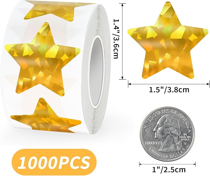 1000 Pcs 1.5 in Large Holographic Gold Star Stickers, Big Sparkly Foil Stars for Kids Reward, Self Adhesive Metallic Shiny Labels for Teacher Classroom Supplies, Craft Decoration