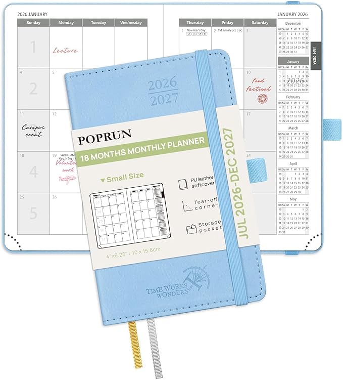 POPRUN Pocket Monthly Planner 2026-2027 (Pocket- 4''x 6.25''Soft Leather Cover) - 18 Month Calendar Book for Purse (Jul.2026-Dec.2027), 100 GSM Thick Paper - Blue