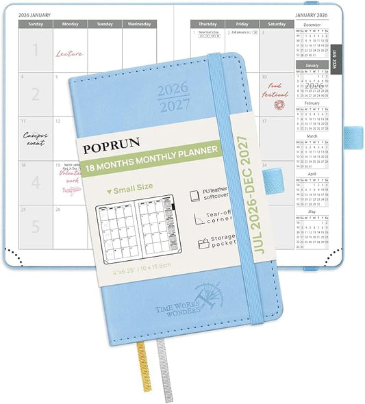 POPRUN Pocket Monthly Planner 2026-2027 (Pocket- 4''x 6.25''Soft Leather Cover) - 18 Month Calendar Book for Purse (Jul.2026-Dec.2027), 100 GSM Thick Paper - Blue