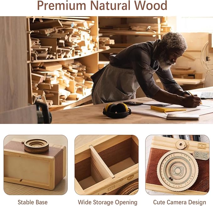Vintage Wooden Camera Pencil Holder – Retro Desk Organizer for Pens & Stationery, Unique Photography Gift for Photographers, Creative Wooden Pen Holder for Office & Home Decor (Single slot)