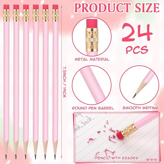 24 Pcs Round Pencils with Eraser 2 HB Cute Pencils Bulk for School Graphite Wood Color Unsharpened Pencil for Drawing Sketching Wedding School Teacher Supplies Student Reward(Pink)