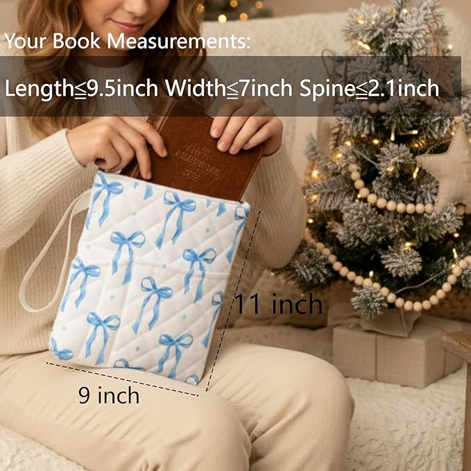 Gilprop Blue Bow Bible Book Sleeve with Zipper 11" x 9" Padded Protector Washable Quilted Book Covers Printed Bible Pouch with Handle Pockets Protector for Books Lover Christian Gifts