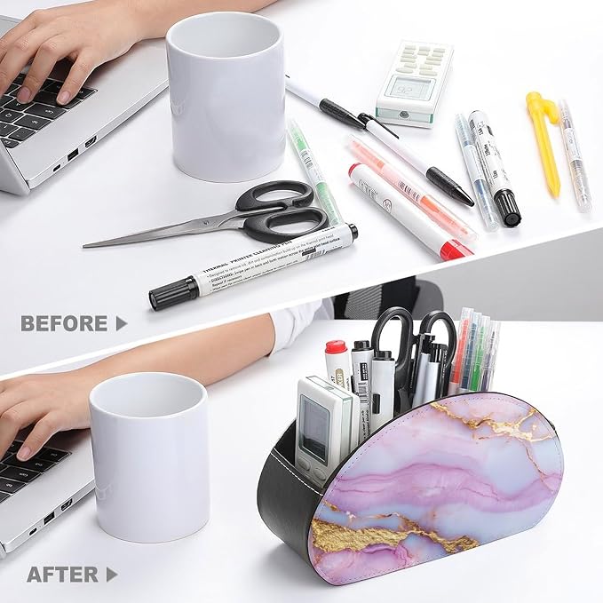 Pink Golden Veins Marble Texture Remote Control Holder with 5 Compartments Leather TV Remote Caddy Remote Storage Box Desktop Organizer for Pen/TV Remotes/Media Controllers/Office Supplies