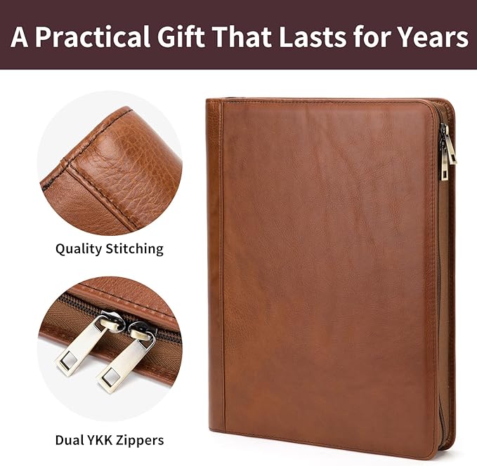 Personalized Genuine Leather Portfolio for Women and Men, Custom Engraved 8.5 x 11 Legal Padfolio, Zippered Notebook Laptop Organizer, Business Executive Folio for Work, Brown, Oil Tanned