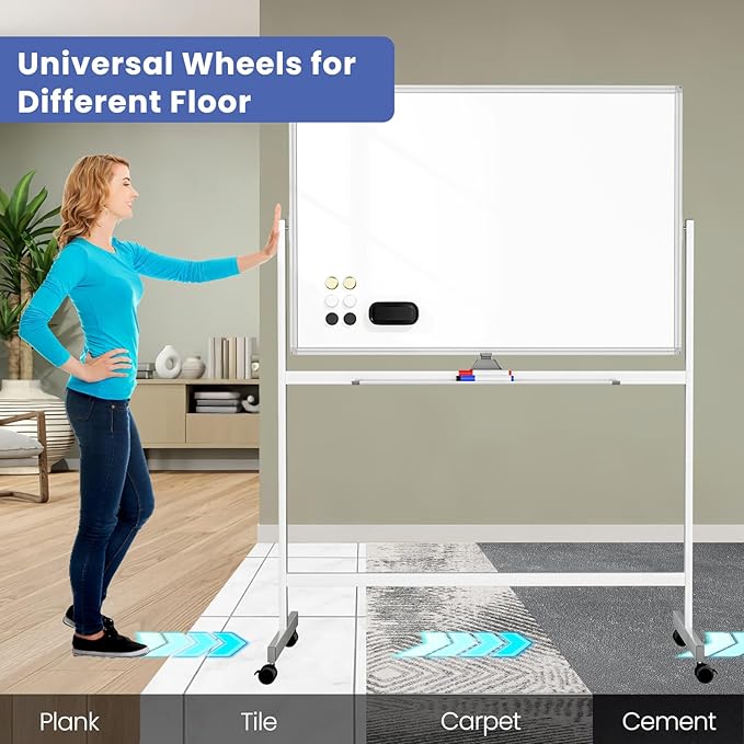 Rolling White Board on Wheels, 48" x 32" Large Dry Erase Board with Stand, Big Rolling Whiteboard for Home, Office, School (48" x 32")