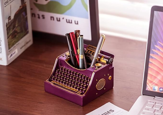 Retro Typewriter Pen Holder Decorative Resin Vintage Pencil Holders Desk Organizer for Writer's Desk (Purple)