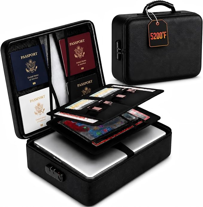 Fireproof Document Box with Lock, 8-Layer Waterproof Fire Resistant Safe Box, Upgraded Heat Insulated Storage Box, Portable Home Travel Organizer for Files, Certificates & Valuables - Black（Soft）