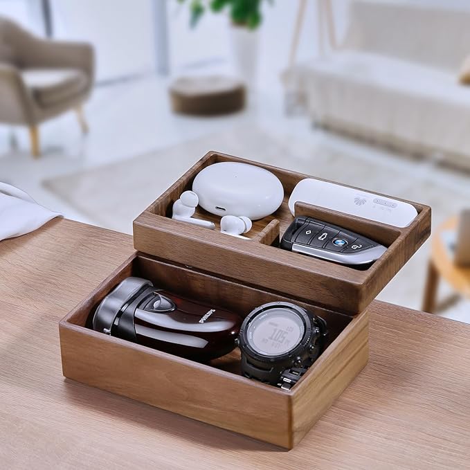 Valet Tray Box, Walnut Wooden Storage Box, Office Desk Daily Supplies Organizer