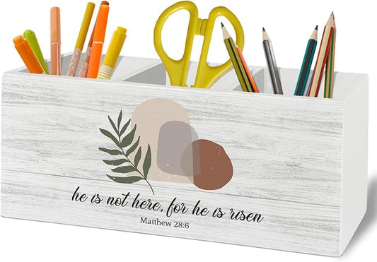 Boho Easter Christian Pen Pencil Holder Organizer for Desk Accessories, He Is Risen Bible Verse Wooden Box Sign Desk Decor for Home Office Decoration, Religious Easter Decor