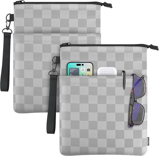 Book Sleeves with Zipper, Travel Book Protector Pouch for Paperbacks & Hardcover Books, Book Covers Bags Carry Case/Front Pocket & Handle Strap for Book Lovers Mother's Day (Grey with Block, 2 Pcs)