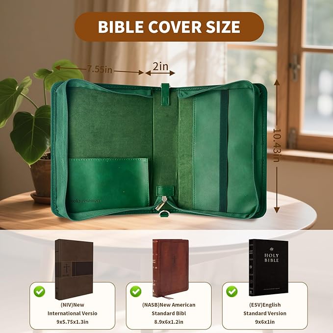 Bible Cover,Bible Cover Case for Women,Men&Children with Detachable Shoulder Strap,Handle for Bible and Other Book Accessories,Christian Art Gifts,PU Leather, Church Bag,Green