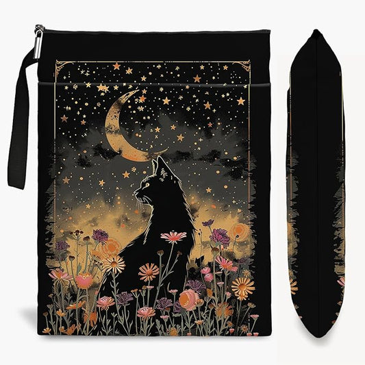 Cat Book Sleeve,Book Covers for Paperbacks,Book Sleeves with Zipper, Book Pouch Cat Lover Gifts for Women Teacher Daughter Graduation Birthday Gifts (Black Cat and Flower, Large)