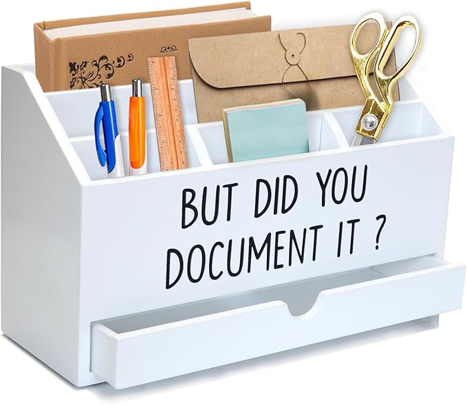 EXQUIDECA Wooden White Rustic Countertop Mail Storage Holder with Drawer and Compartments - Office Desk Accessories and Workspace Organizers - Desktop Sorter for Pen Stationery Letter Files Documents