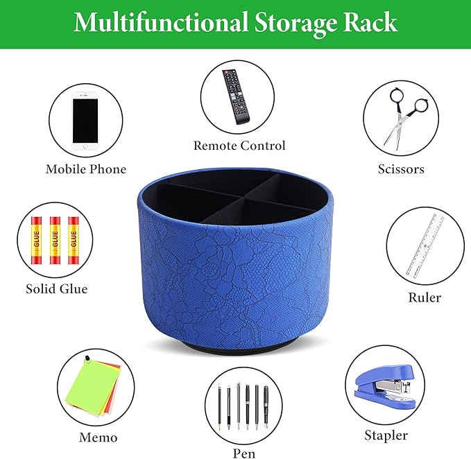 Round Leather Art Supply Organizer,Remote Control Holder,360 Degree Spinning,Multi-Functional Pencil Holder,4 Compartments Desktop Stationary Organizer(1-Lace Flower Blue)
