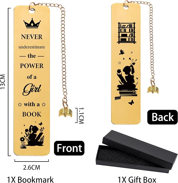 Inspirational Bookmark Gifts for Girls Women - Never Underestimate The Power of a Girl with a Book, Gift for Book Lovers Teachers Friends Readers Students Graduation Birthday Christmas (Gold)