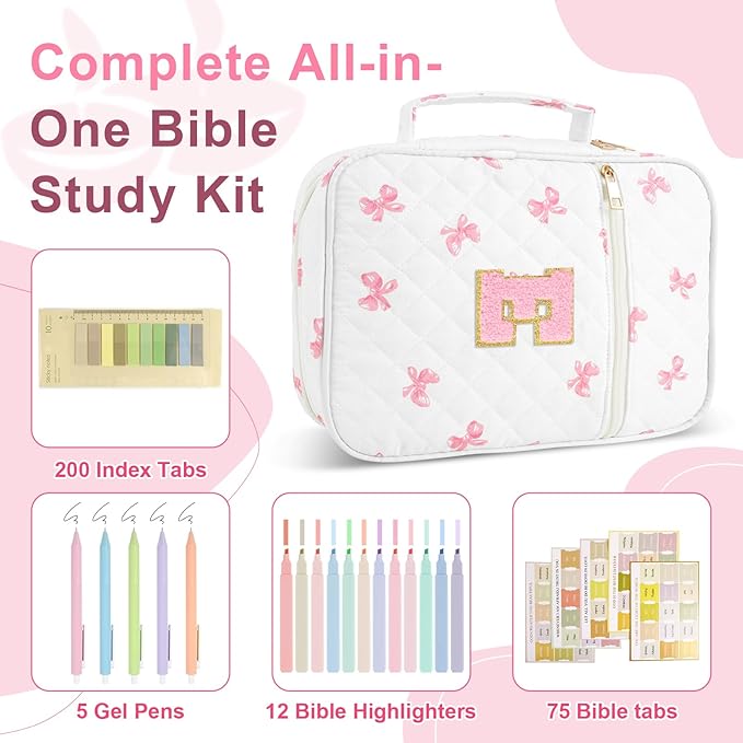 Personalized Initial Bible Cover Case for Women Girls Kid - Large Quilted Bible Case with Handle, Stylish Chenille Letter Bag Study Supplies, Perfect Christmas Gifts for Christians Women (Pink Bow-E)
