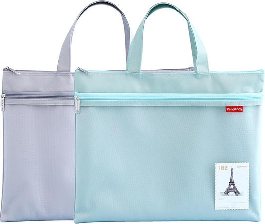 Pendancy Mesh Zipper Pouch 11x13.7 in, 2 pcs Large Double Pocket Waterproof File Bag with Handle, A4 Size Foldable Document Storage for Puzzle Project/Cross Stitch/Travel/Office（Gray Green）